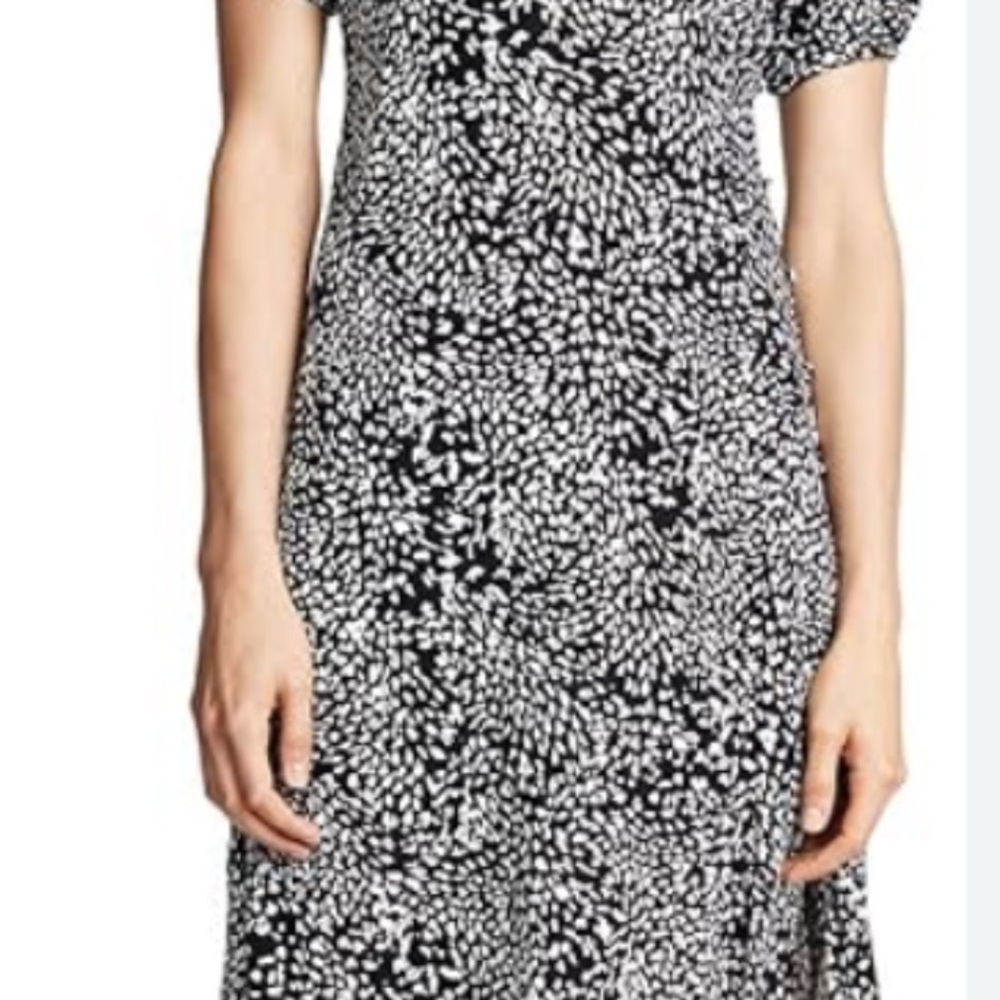 Free People Black and White Wrap Midi Dress with Puff Sleeves - Picture 2 of 8